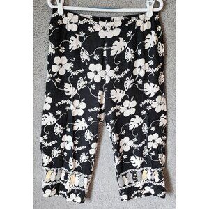 Natalie & Me Weekend Women’s Cropped Pants Linen Blend Black/White Floral Sz PXL